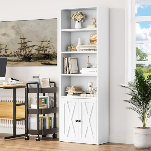 YITAHOME Bookcase, Floorstanding Bookshelves with Cupboard Industrial Shelves Storage Rack Wooden Cube Shelf Tall Storage Cabinet for Living Room, Study, Kitchen, Home Office, White Bookshelf