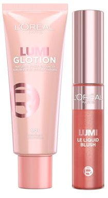 L'Oréal Paris Highlighter- und Blush-Set, Perfect Match Lumi Glotion, Farbe 901 Fair Glow, 40 ml sowie L'Oréal Paris Lumi Le Liquid Blush, Farbe Glowy True Rose 630, 10 ml