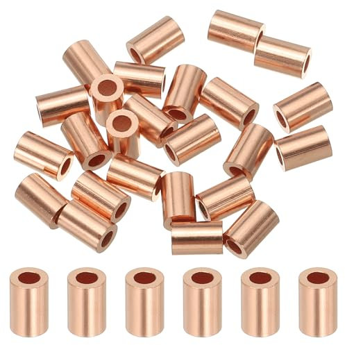 sourcing map 1/16(1.5mm) Wire Rope Stop Sleeve, Copper Crimping Loops Sleeve Round Crimp Ferrules for Wire Rope and Cable Ferrule, Gold 25Pcs