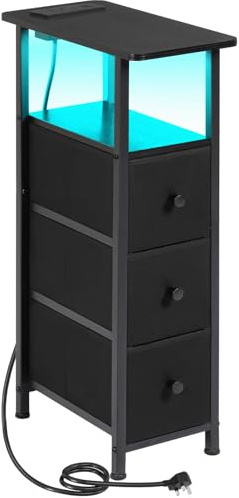 LOAKEKEL Slim Bedside Table with Charging Station, Narrow Side Table with LED Light, Small Sofa Table with 3 Fabric Drawers, End Table, Nightstand for Small Spaces, Living Room, Black UHETNDP03LBK-1
