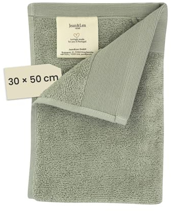 Jean & Len Asciugamano per ospiti cotone biologico al 100%, colore salvia, con gancio, certificato OEKO-TEX e GOTS, etichetta del marchio in pelle vegana, asciugamani per ospiti 30x50 cm