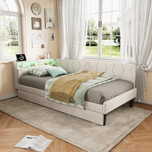 Einzelbett 90 x 200 mit 2 Schubladen und Stauraum, gepolstertes L-förmiges Bett mit LED-Lampe und USB, austauschbare Seitenwände, modernes ausziehbares Sofa, ohne Matratzen (beige)