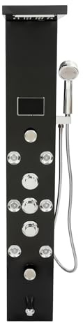 Schwarz LED-Duschpaneel mit Regen Wasserfall 8 Massagedüsen & Handbrause,Edelstahl-Duschsystem mit Thermostat,Wandmontage Duschsäule mit 114cm Höhe & 1.5m Schlauch,Duschpaneelturm für Hotel Zuhause