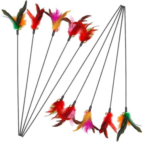 RQcMid 10 Stück Katzenangel Feder, Katzenspielzeug Angel mit Federspielzeugen, 40 cm Länge, für interaktives Spiel und Bewegung, Kätzchen Und Katzen,Katzenspielzeug