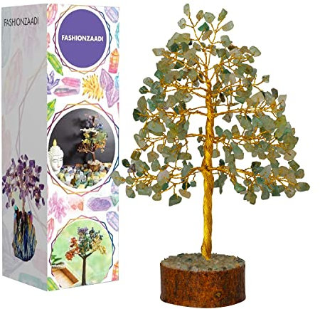 FASHIONZAADI Green Jade Gemstone Bonsai Money Tree Healing Crystals Chakra Trees Reiki Stone Good Luck Chakra Crystal Home Office Table Décor Decorative Figurine Gift Size -10 Inch (Golden Wire)