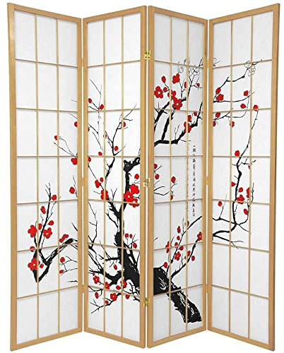 Fine Asianliving Paravent Japonais L180xH180cm 4 Panneaux Shoji Papier de Riz Naturel - Cerisier en Fleurs Séparateur de pièce Oriental Asiatique Cloison de Séparation