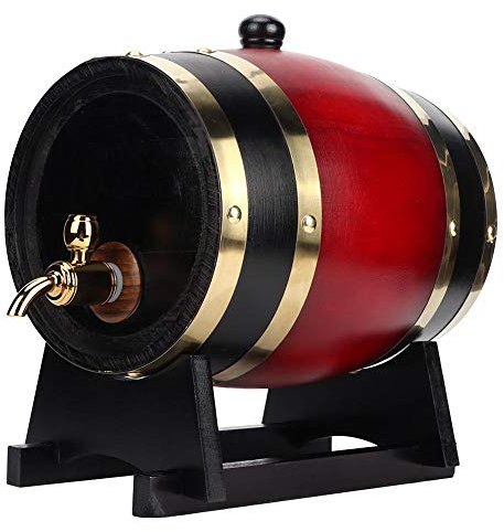 Goick Faß Wein Eichenfass, 3L Vintage Eichenfass Weinfassmaschine Haushaltsbrauausrüstung Zubehör Holzfass Bierfrässer Weinfass für Bier, Rumtür, Whisky, Tequila, auslaufsicher(Weinrot)