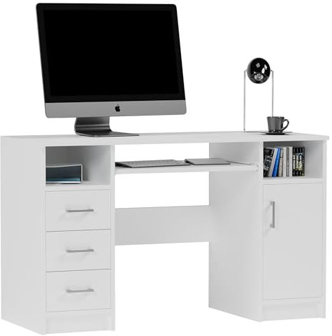 Framire N-11 Schreibtisch weiß, Computertisch mit 3 Schubladen, Schreibtisch für Schlafzimmer, Wohnzimmer, Studio, 120 x 50 x 73 cm