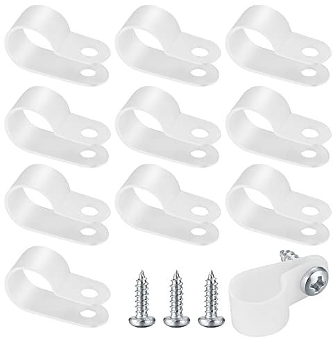 100 Pcs Cable Tidy Clips, 3/8 Inch Rope Light Mounting Clips with Stainless Steel Screws, P-Style Nylon Cable Wire Ropes Wall Clips Clamps, R-Type Wire Management Cord Fastener Clips - White