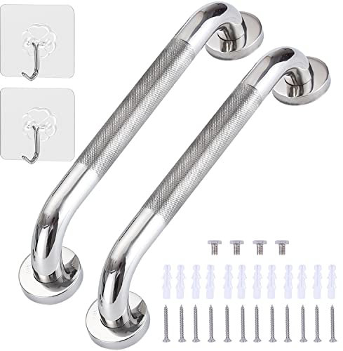 2 Pack 13inch Anti Slip Shower Grab Bar Handle, Chrome Stainless Steel Bathroom Grab Bar, Knurled Bathroom Balance Bar,Safety Hand Rail Support,Handicap Elderly Senior Assist Bath Handle