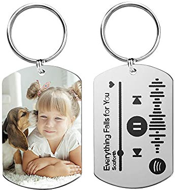 Personalisierte Spotify Code Schlüsselanhänger mit Foto Personalised Gravierte Rostfreier Stahl Schlüsselbund Fotogeschenke für Frauen Männer Silber
