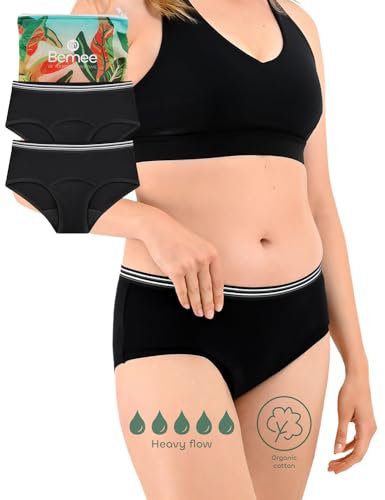 BeMee Daytime Hipster, Perioden-unterwäsche, Menstruations-Slip aus Bio-Baumwolle, auslaufsicher bei starker Blutung für Frauen, schwarz, Größe XL, Doppelpack