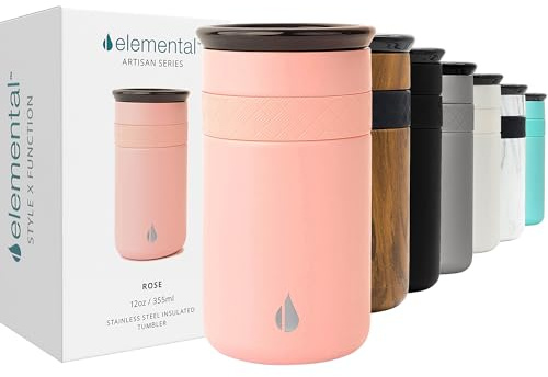 Elemental Artisan Insulated Tumbler - Triple Wall Coffee Travel Tumbler, Stainless Steel Coffee Tumbler with Ceramic Lid - Thermal Coffee Cup - Hot (6 Hrs) & Cold (18 Hrs)-355 ml - Rose