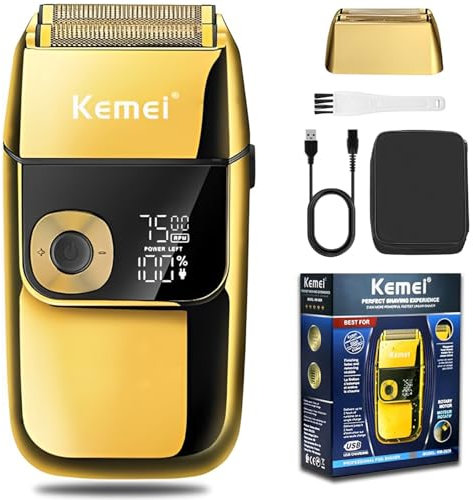 Kemei Elektrischer Folienrasierer für Herren, kabellos, präzise, wiederaufladbar, waschbar, USB, LED-Anzeige, Lithium-Titan-Folienrasierer mit Reiseetui