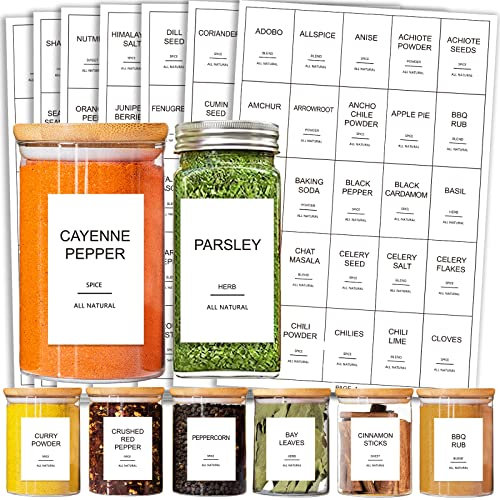 GPOVVIMX Lot de 191 étiquettes pour pots à épices préimprimées Étiquettes étanches blanches Pour pots à épices ronds ou rectangulaires Pour assaisonnement des herbes dans la cuisine ou le