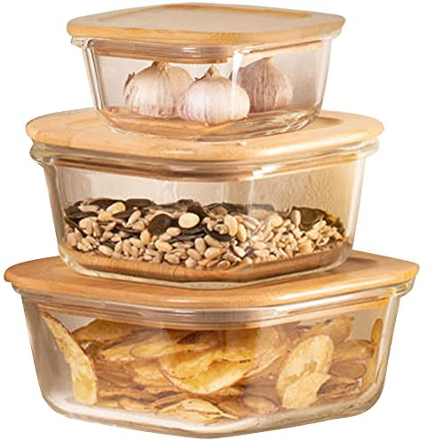 KHG Frischhaltedosen Glas Set 3-teilig Holz Deckel Bambus quadratisch, verschiedene Größen, auslaufsicher, luftdicht, spülmaschinengeeignet, mikrowellen- und backofengeeignet