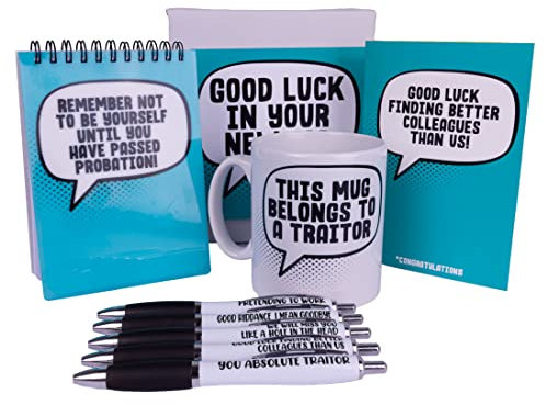Set de regalo de Leaving Job and New Job – taza, paquete de bolígrafo, cuaderno y tarjeta divertido regalo de trabajo – Azul