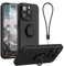 pcgaga Silicone Phone Case for iPhone 14 Pro Max with Screen Protector [Ring Holder Stand] [Wrist Strap] [Microfiber Lining] Slim Shockproof Protective Cover, 6.7 Inch, Black
