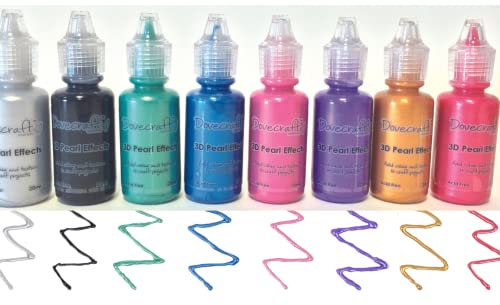 Glitter Glues, Metallic Pearl Effect, 3D Enamel Pastels Brights Neon Puffy Glass Paint - 8 Bottles Per Individual Pack - Cardmaking Arts Crafts - Simply Sew Crafty™ (Pearl Effects - Brights)