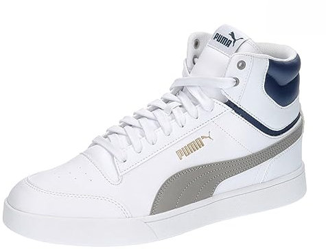 PUMA Unisex Shuffle Mid Sneaker, White Concrete Gray Persian Blue Gold, 45 EU