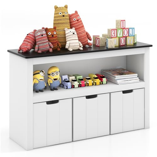 RELAX4LIFE Scaffale Portagiochi per Bambini, Piano a Lavagna Scrivibile, Mobiletto Portagiochi Spazioso, 3 Cassetti con Ruote, Libreria Multiuso per Cameretta e Stanza dei Giochi (102 x 33 x 62 cm)