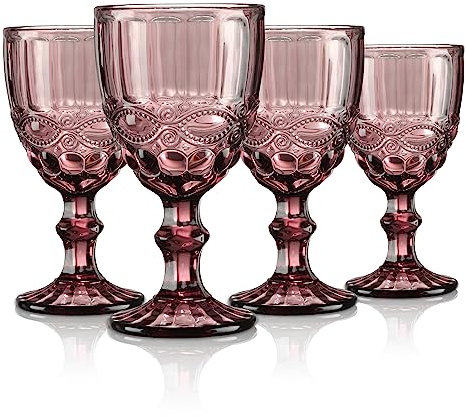 Joeyan Violet Verres à Eau ou à Vin en Relief,Coloré Rétro Verres à Boire,Verres à Gobelets pour Jus Soda Cocktails,300 ML,Lot de 4,Lavable au Lave-Vaisselle