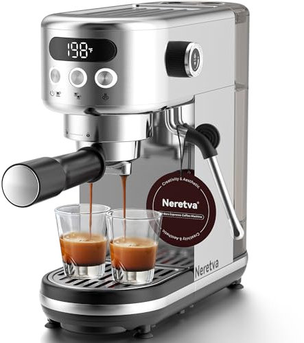 Neretva Máquina de café espresso de 20 bares con varita de vapor de espuma de leche, visualización de temperatura visible, tanque de agua desmontable de 45 onzas para el hogar, cafetera de 1350 W,