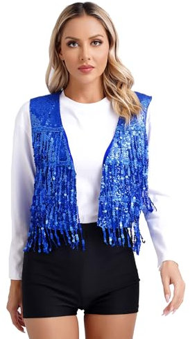 iiniim Damen Pailletten Weste Glitzer Ärmellos Anzugweste Fransen Jacke Mantel Quasten Tanzjacke Karneval Fasching Tanzkostüm A Royal Blau M