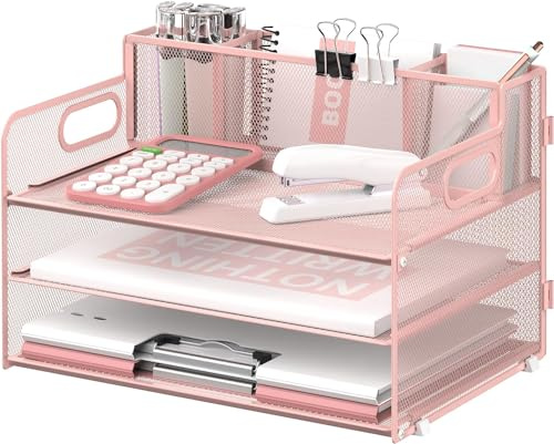 SUPTIDY Schreibtisch-Organizer mit 3 Etagen, mit Griff und 3 Stifthaltern, Netz-Papier-/Akten-Organizer für den Schreibtisch, Papier-Briefablage für Bürobedarf, Rosa