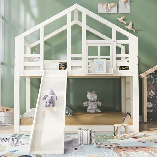 Lit cabane Enfants 90x200 avec Protection Anti Chute, lit Mezzanine, Lit superposé Enfant avec Toboggan et échelle, lit Simple, 2 Places de Couchage, 2 sommiers à, Blanc