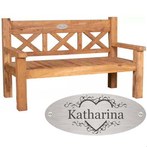 Sterngraf Bank zum Geburtstag mit Gravur-Schild zB. Herz mit Ranken (Name) Teakholz Gartenbank Rustique 160 cm, Edelstahlschild personalisiert, Geschenk Jubiläum