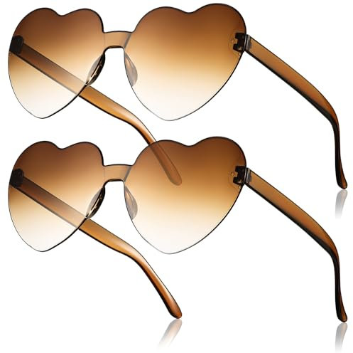 Fiada 2 Paar Herz Sonnenbrillen Herzförmige Brillen Lustige Partybrillen für JGA Hochzeit Fasching Kostüm Farbige Randlose Sonnenbrillen für Frauen(Braun,Klassisch)