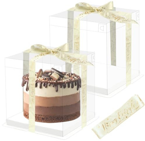 2Pcs Cake Box Transparent, Clear Cake Gift Box, Double Layer Birthday Dessert Boxes, Cube Display Cake Boxes with Base and Ribbon, Cake Transport Packaging Box for Party Wedding Birthday Festival