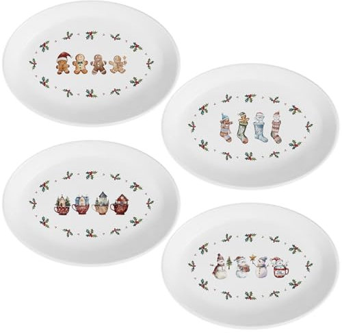 Viynran 4-Piece 10-Inch Christmas Melamine Oval Plate Set, Festive Holiday Dinnerware with Gingerbread, Snowman, Stockings, and Mug House Designs, Dishwasher Safe