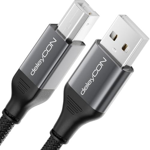 deleyCON 1,5m Cable USB de Impresora (para Impresoras, Escáneres, MIDI) Cable USB-A a USB-B Trenzado + Enchufe Metálico para Epson Brother Canon Portátil Tablet PC MacBook HP Samsung