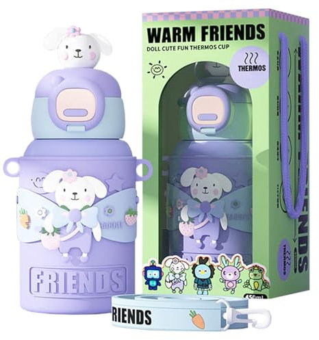 Trinkflasche Kinder Auslaufsicher, 450ml Edelstahl-Trinkflasche für Schule und Kindergarten, Mädchen, Jungen, Wasserflasche BPA-Frei für Kaltes und Heißes (Flieder)