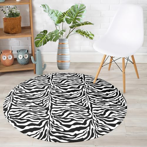 Hearda Teppich Rund, Reppich Schlafzimmer, Flanell Innenbereich Runder Teppich, Waschbarer rutschfest Teppich, Modern Flur Teppich, fürs Wohnzimmer (120cm,Zebra-Druck)