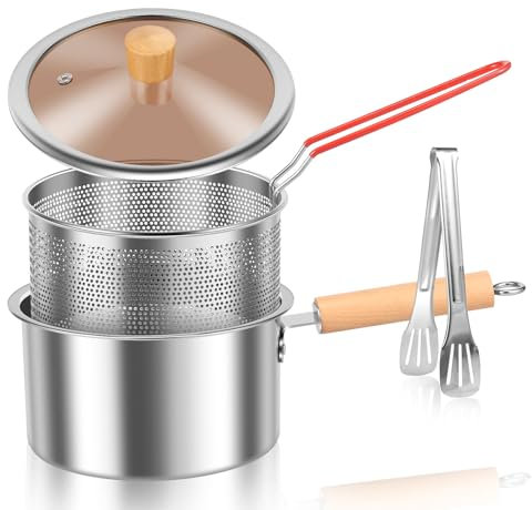 2 in 1 Oil Strainer Frying Pot, 304 Stainless Steel Deep Fryer Pot Oil Filter Pot with Basket Lid, Bacon Grease Container Multifunctional Oil Saver for Storing Frying Oil Cooking Grease (Set 3)