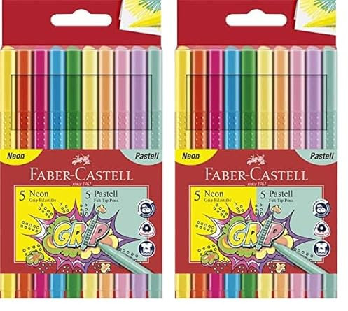 Faber-Castell 155312 - Grip Fasermaler Neon & Pastell, 10er Etui (Packung mit 2)