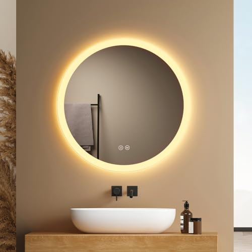 EMKE Badspiegel mit Beleuchtung Rund 50cm, Badezimmerspiegel mit dimmbarer Beleuchtung, 3 Lichtfarben, Antibeschlag, Touch-Schalter und Speicherfunktion, ideal für das Badezimmer