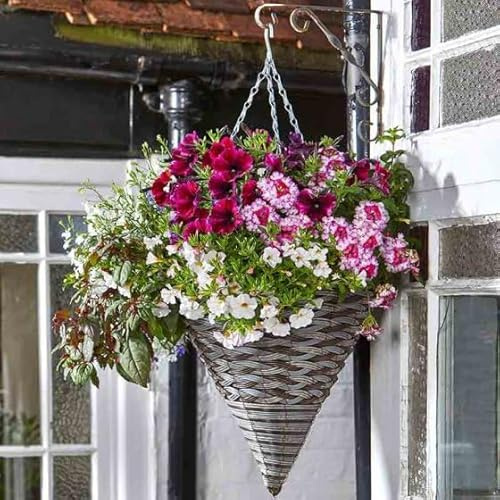 Garden Mile Panier de fleurs à suspendre effet rotin avec chaîne de suspension - Panier de fleurs rond en osier pré-doublé pour une plantation facile (cône pin de 35,6 cm, 3)
