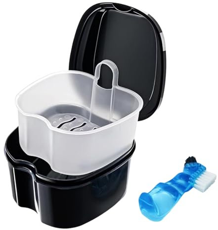 Zahnprothesendose Reinigungsset mit Prothesenbürste,Zahnprothesen Box Prothesenbehälter mit Hängender Sieb,Tragbar Gebissdose Zahnspangenbox Aufbewahrungsbox (Schwarz)