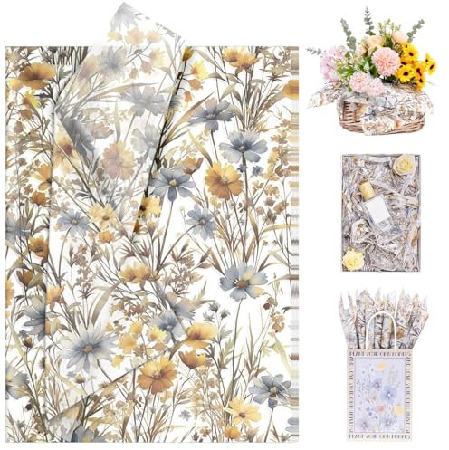 Larcenciel Papel de Seda Floral Acuarela, 60 Hojas Amarilla Papel Seda para Envolver, Vintage Plantas Silvestres Embalaje Regalo Artístico para Boda Cumpleaño Fiesta Manualidade Aniversario, 50x35 CM