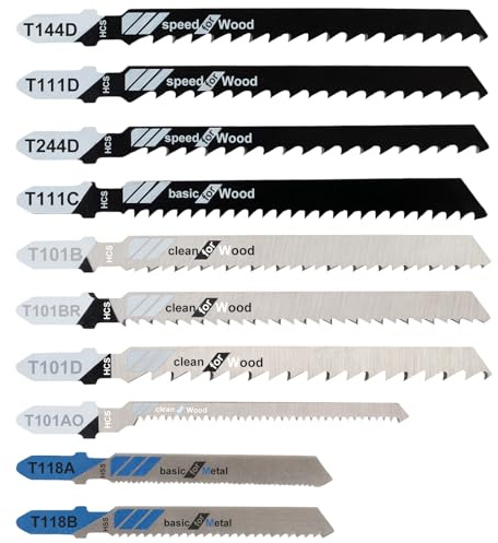 Jigsaw Blades, 10 Piece Jig Saw Blades, Assorted T-Shank jig Saw Blades for Wood, Metal and Plastic Cutting(T111D, T101AO, T101BR, T101D, T101B, T118A, T118B, T144D, T244D,T111C)