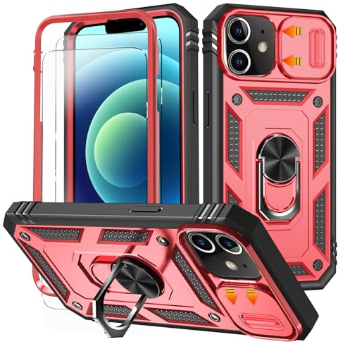HpulaCase for iphone 11 Case with Camera Cover Slider, 2*Screen Protectors,Build in 360°Rotating Ring Kickstand, Military Grade Protective Case for iphone 11 6.1-Black/Red