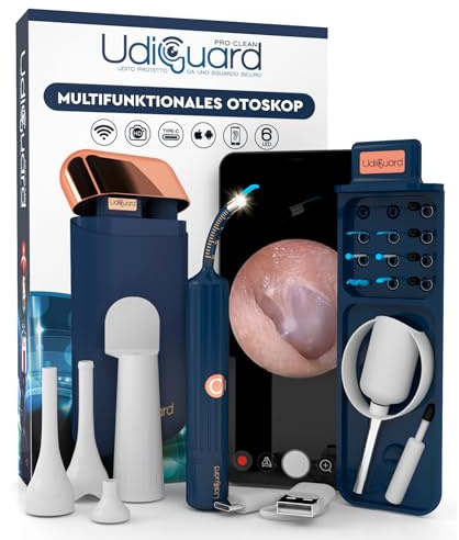 Ohrenschmalz Entferner Otoskop 10MP-HD-Kamera WiFi Flexibler Digitaler Ohrreiniger UdiGuard Pro-Clean Ohrenspiegel mit Pinzette und Austauschbaren Spitzen - Erwachsene und Kinder Hals-Nasen-Ohren-Set