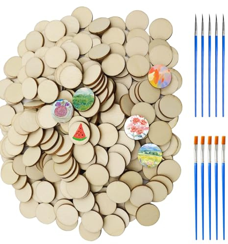 GETRICH 500 Stück 2CM Holzscheiben, Holzplättchen Rund mit 10 Acrylpinsel | Kleine Holzscheiben zum Basteln, Holzscheibe Mini Naturholzscheiben für DIY Handwerk Scrapbooking Dekoration Malen