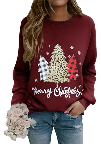 Lonya Sweat Femme Pull de Noël Drole Imprimé Père Noël Renne Bonhomme de Neige et Sapin de Noël Modèle Chic et Confortable