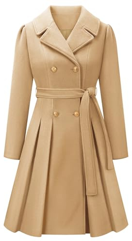 Vancavoo Damen Mantel Wintercoat Elegant Wollmantel Lang Winterjacke Revers Zweireihiger Coat Knielang Trenchcoat Winter A-Linie Jacke Outwear,Khaki,M