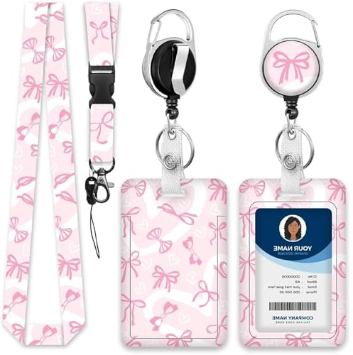 BSITSSS Ausweishülle mit Band Fliege Muster, Ausziehbarer Schlüsselanhänger Badge Holder, Süß Schlüsselband mit Karabiner, Kartenhalter mit Band für Lehrer, Krankenschwester, Doktor, Student (Rosa)